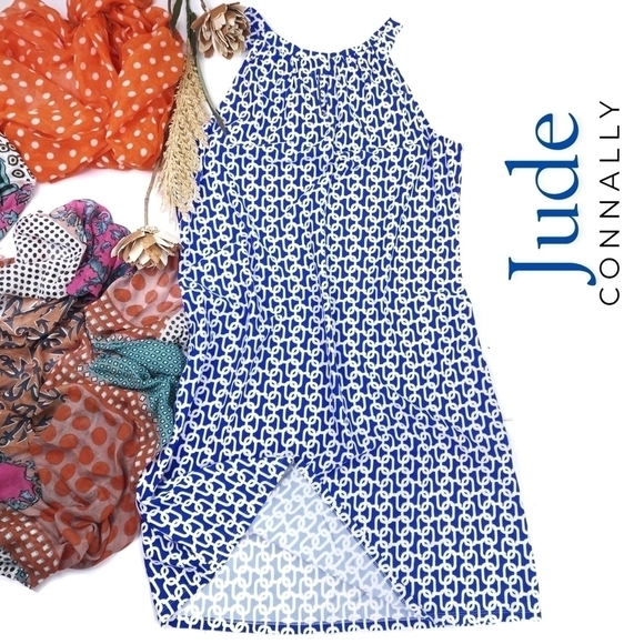 Jude Connally Blue and White Patterned Dress Sz L - Picture 1 of 16